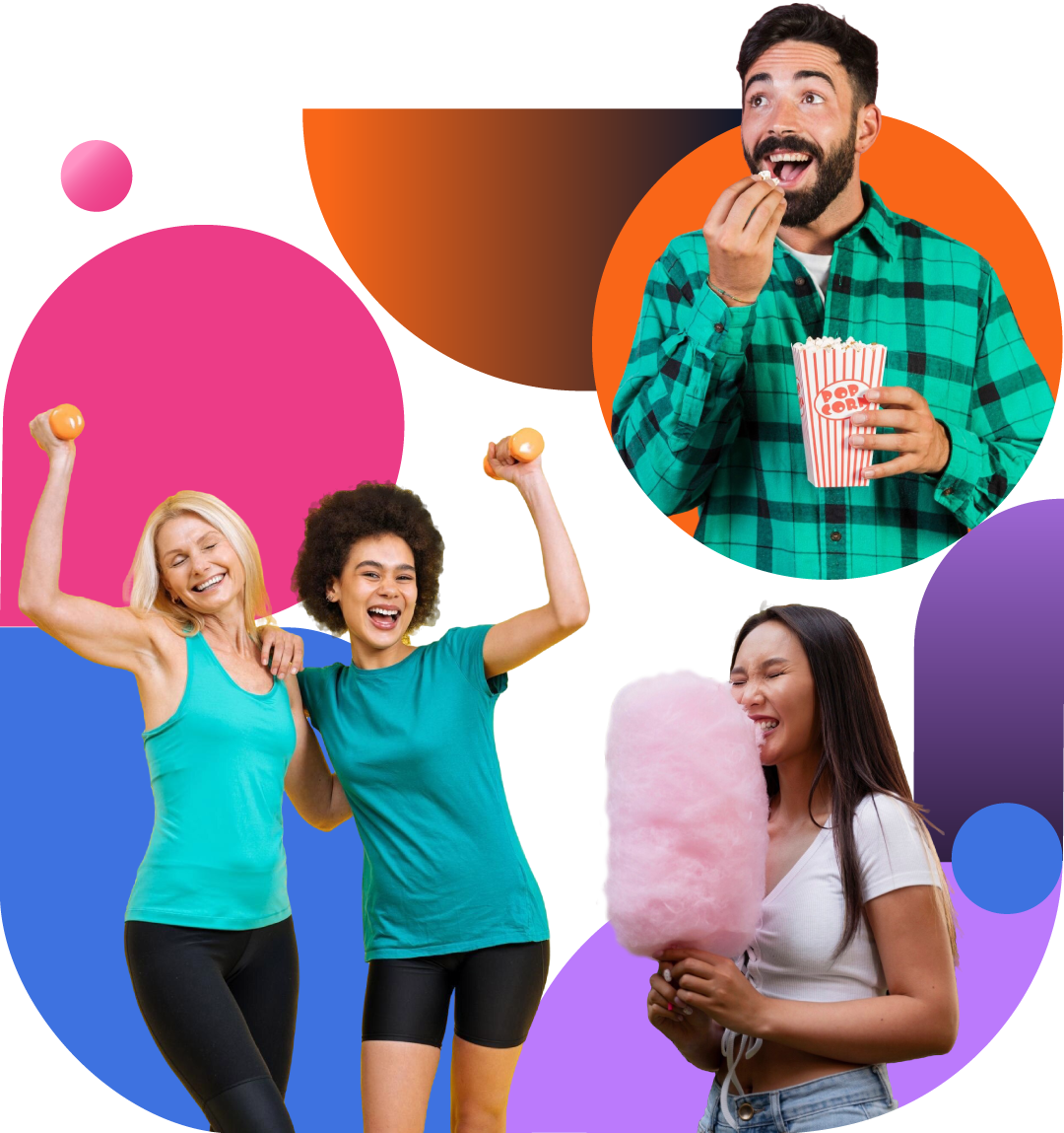 Group of people enjoying leisure activities inside colorful geometric shapes, loving employee perks list.