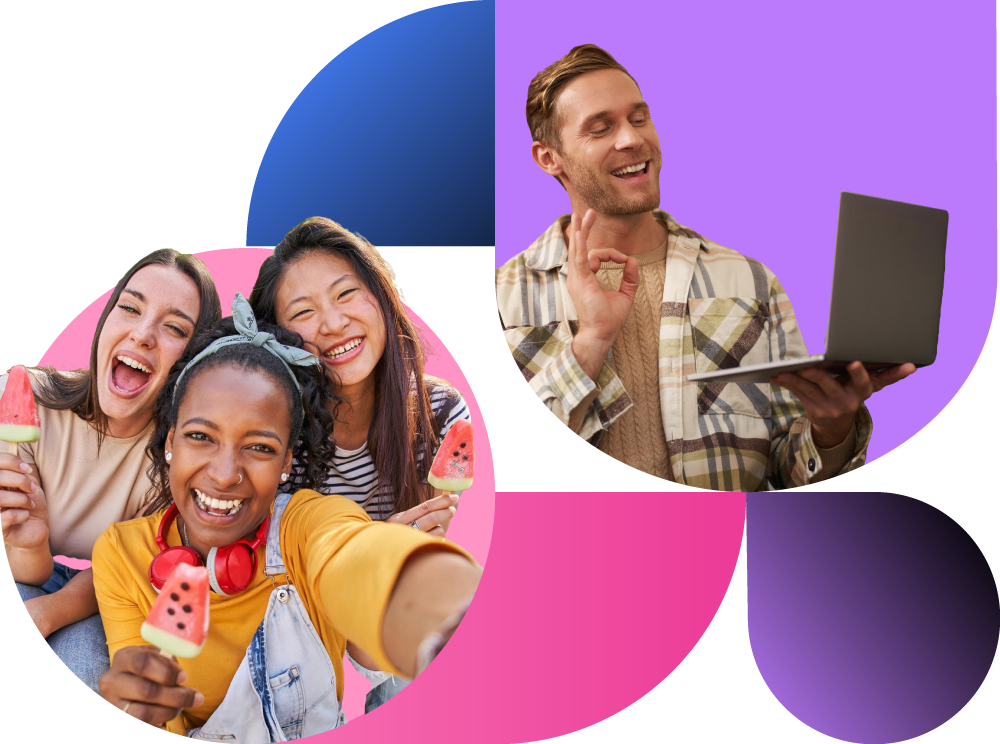 Group of people enjoying ice cream with a man using a laptop, framed by vibrant geometric shapes.