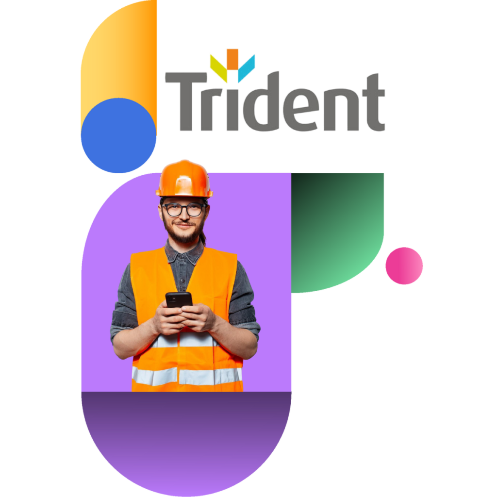 Construction worker in high-vis and hard hat using smartphone, overlaid with the Trident Building Consultancy logo and modern graphic shapes.